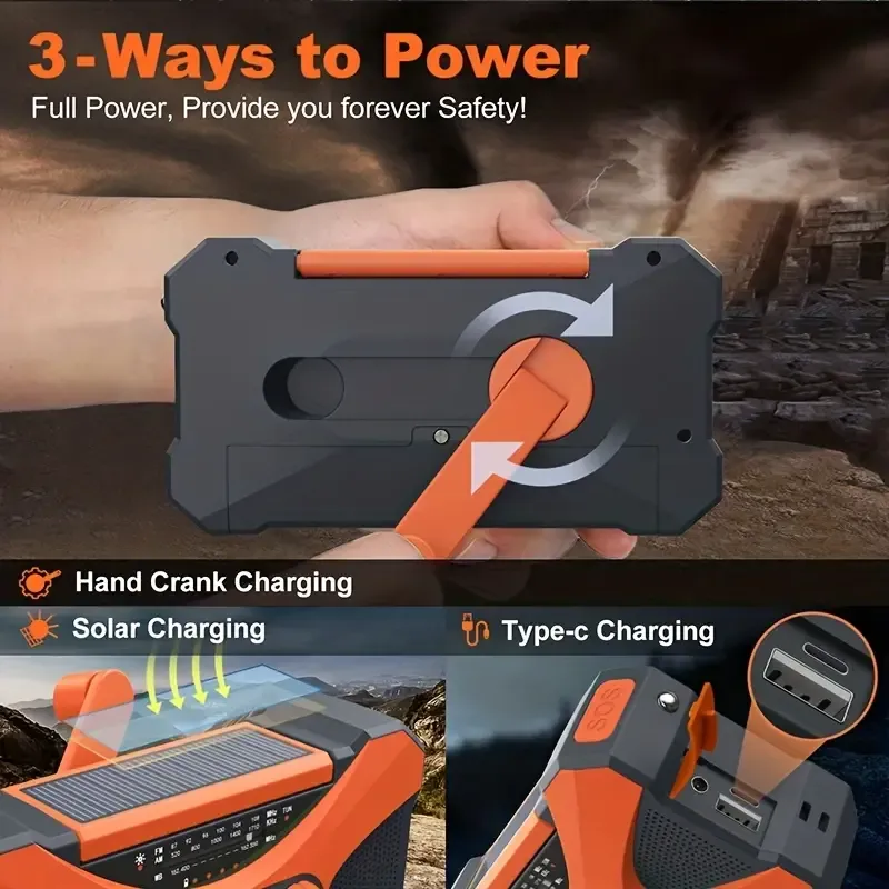 Multifunctional emergency radio, solar hand crank charging, outdoor emergency mobile power bank with LED flashlight reading light and SOS alarm, suitable for outdoor survival