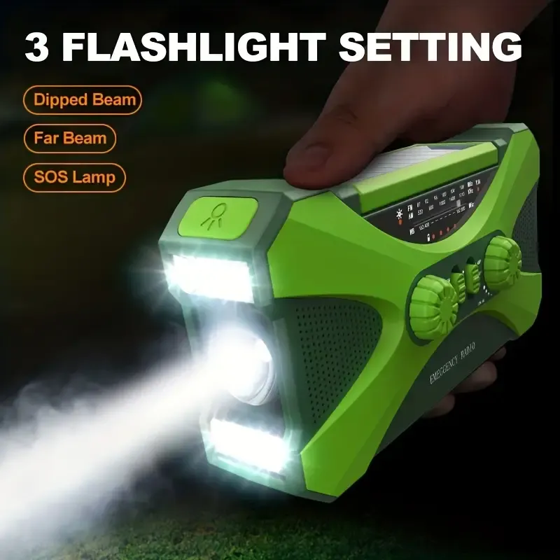Multifunctional emergency radio, solar hand crank charging, outdoor emergency mobile power bank with LED flashlight reading light and SOS alarm, suitable for outdoor survival