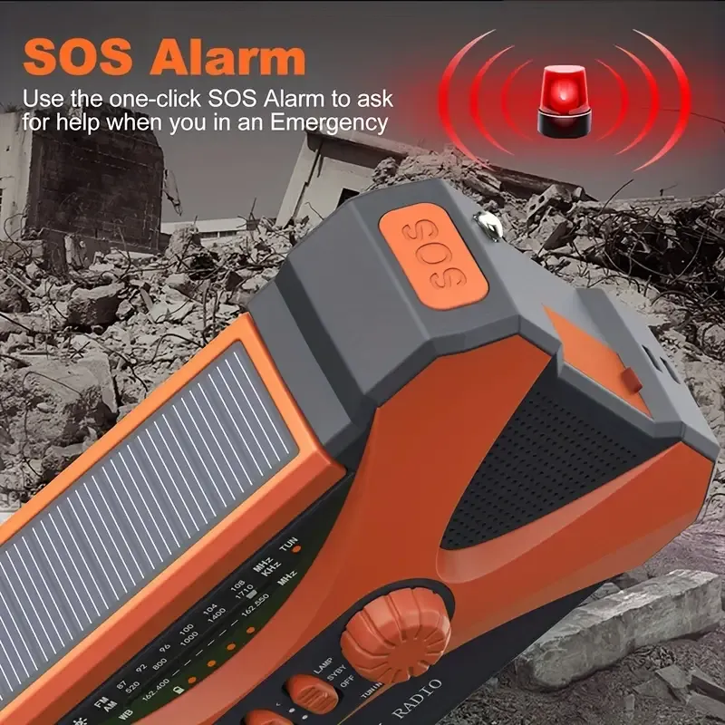 Multifunctional emergency radio, solar hand crank charging, outdoor emergency mobile power bank with LED flashlight reading light and SOS alarm, suitable for outdoor survival