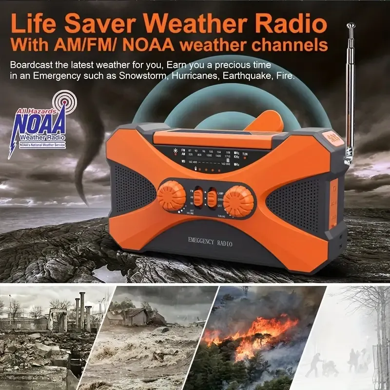 Multifunctional emergency radio, solar hand crank charging, outdoor emergency mobile power bank with LED flashlight reading light and SOS alarm, suitable for outdoor survival