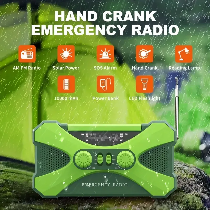 Multifunctional emergency radio, solar hand crank charging, outdoor emergency mobile power bank with LED flashlight reading light and SOS alarm, suitable for outdoor survival