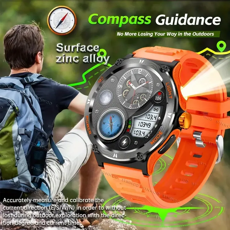 Smart Watch For Men With LED Strong Light Flashlight, 3.89cm, Music Player Pedometer, 100+ Sports Modes Fitness Tracker, Sleep Monitor, Compass Smartwatch For IPhone Android