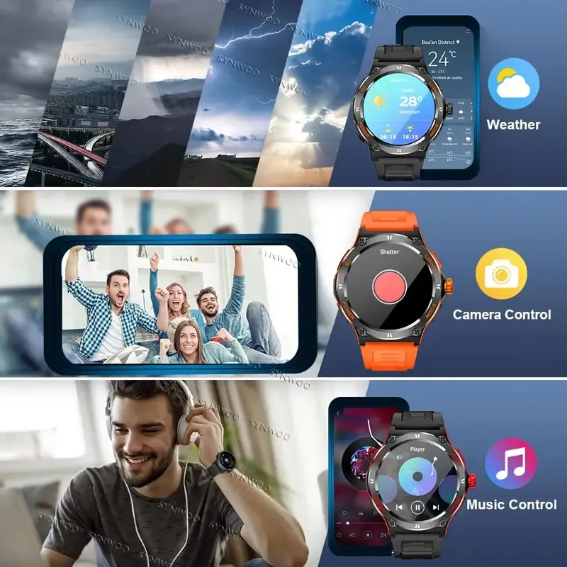 Smart Watch For Men With LED Strong Light Flashlight, 3.89cm, Music Player Pedometer, 100+ Sports Modes Fitness Tracker, Sleep Monitor, Compass Smartwatch For IPhone Android