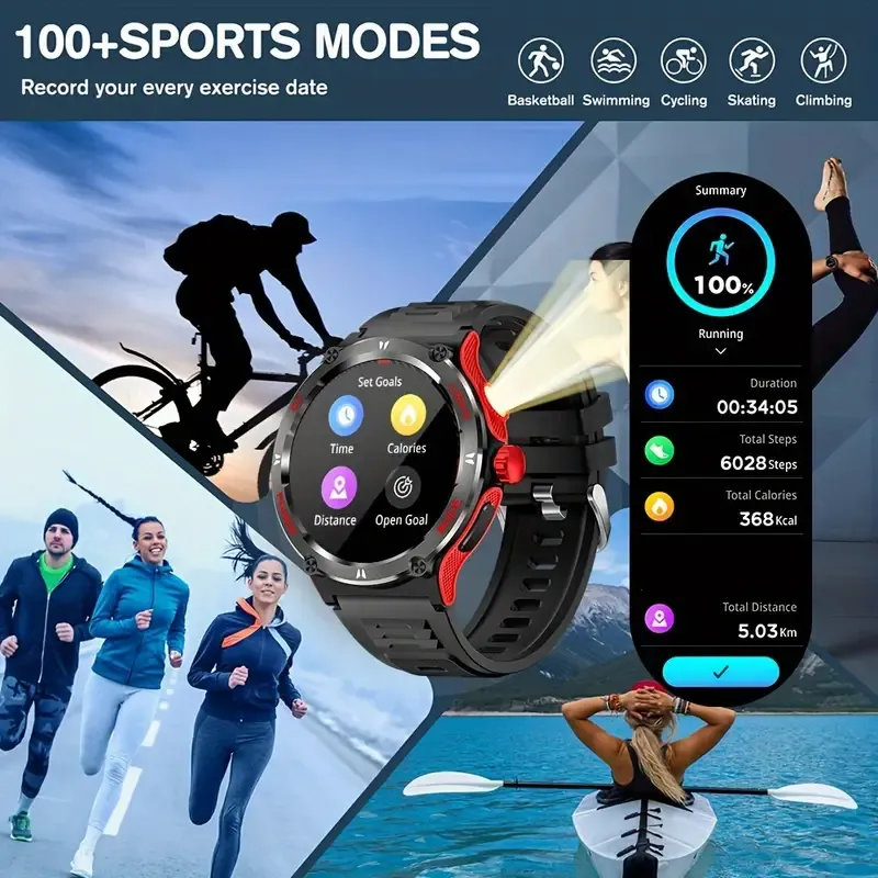 Smart Watch For Men With LED Strong Light Flashlight, 3.89cm, Music Player Pedometer, 100+ Sports Modes Fitness Tracker, Sleep Monitor, Compass Smartwatch For IPhone Android
