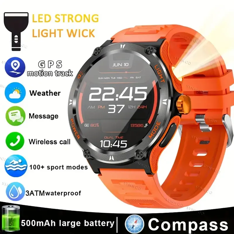 Smart Watch For Men With LED Strong Light Flashlight, 3.89cm, Music Player Pedometer, 100+ Sports Modes Fitness Tracker, Sleep Monitor, Compass Smartwatch For IPhone Android