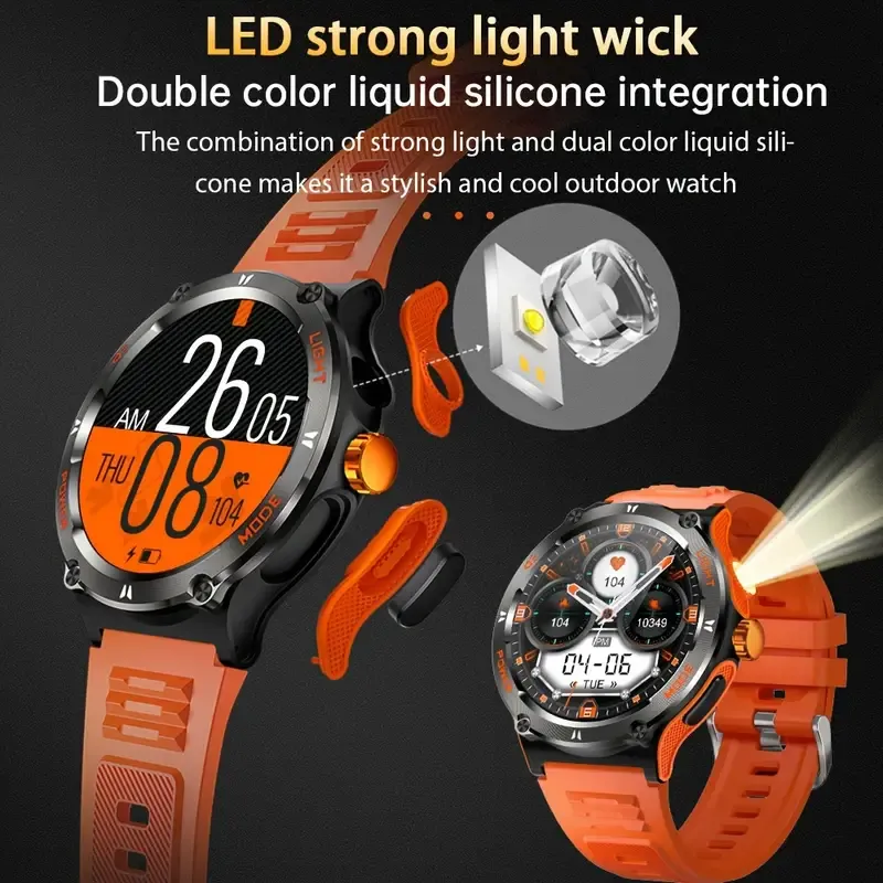 Smart Watch For Men With LED Strong Light Flashlight, 3.89cm, Music Player Pedometer, 100+ Sports Modes Fitness Tracker, Sleep Monitor, Compass Smartwatch For IPhone Android