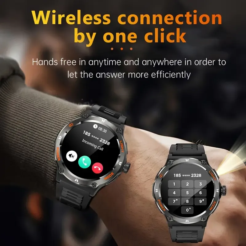 Smart Watch For Men With LED Strong Light Flashlight, 3.89cm, Music Player Pedometer, 100+ Sports Modes Fitness Tracker, Sleep Monitor, Compass Smartwatch For IPhone Android