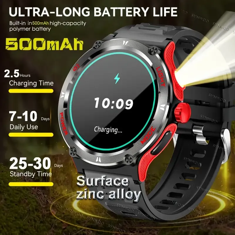 Smart Watch For Men With LED Strong Light Flashlight, 3.89cm, Music Player Pedometer, 100+ Sports Modes Fitness Tracker, Sleep Monitor, Compass Smartwatch For IPhone Android