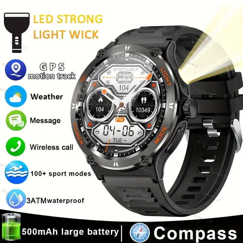 Smart Watch For Men With LED Strong Light Flashlight, 3.89cm, Music Player Pedometer, 100+ Sports Modes Fitness Tracker, Sleep Monitor, Compass Smartwatch For IPhone Android