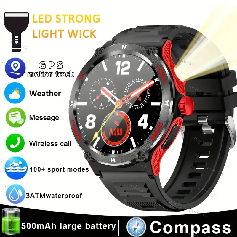 Smart Watch For Men With LED Strong Light Flashlight, 3.89cm, Music Player Pedometer, 100+ Sports Modes Fitness Tracker, Sleep Monitor, Compass Smartwatch For IPhone Android