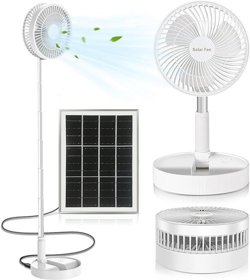 Standing Fan with Portable Solar Panel, 8 Telescopic Foldable Desk Fan, Rechargeable Battery Operated Pedestal Fans 3 Speeds Quiet Height Adjustable USB Floor Fan for Bedroom Home Travel