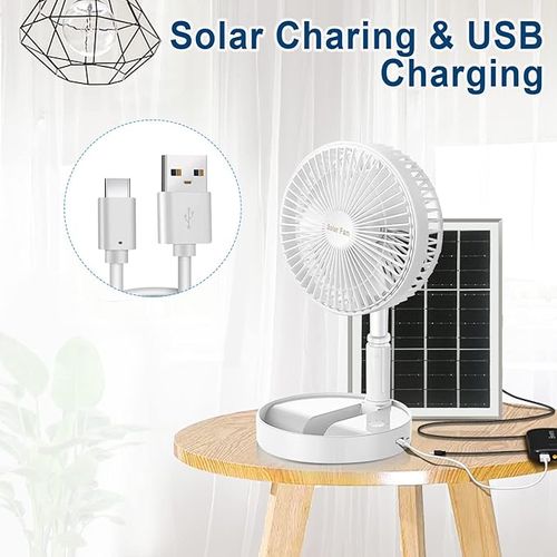 Standing Fan with Portable Solar Panel, 8 Telescopic Foldable Desk Fan, Rechargeable Battery Operated Pedestal Fans 3 Speeds Quiet Height Adjustable USB Floor Fan for Bedroom Home Travel