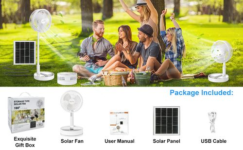 Standing Fan with Portable Solar Panel, 8 Telescopic Foldable Desk Fan, Rechargeable Battery Operated Pedestal Fans 3 Speeds Quiet Height Adjustable USB Floor Fan for Bedroom Home Travel