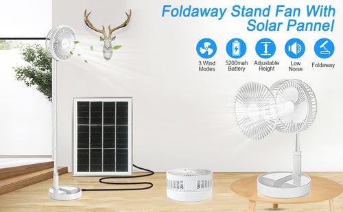 Standing Fan with Portable Solar Panel, 8 Telescopic Foldable Desk Fan, Rechargeable Battery Operated Pedestal Fans 3 Speeds Quiet Height Adjustable USB Floor Fan for Bedroom Home Travel