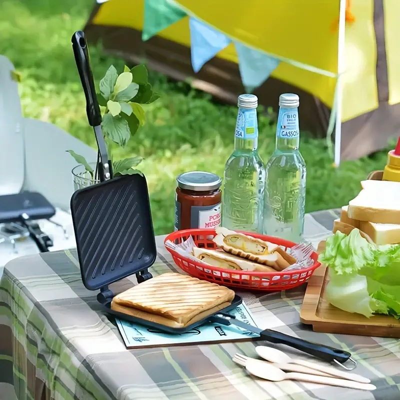Versatile Double-Sided Sandwich Maker Pan - Perfect For Grilled Cheese, Steak, Pancakes & More - Heat-Resistant Aluminum, Stove Or Bonfire Compatible