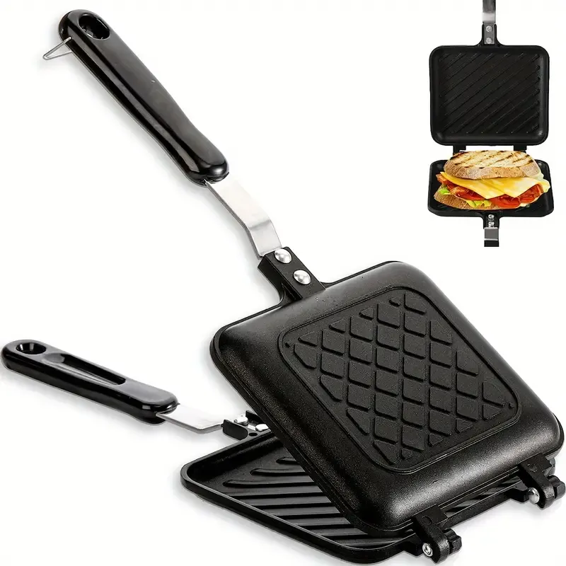 Versatile Double-Sided Sandwich Maker Pan - Perfect For Grilled Cheese, Steak, Pancakes & More - Heat-Resistant Aluminum, Stove Or Bonfire Compatible