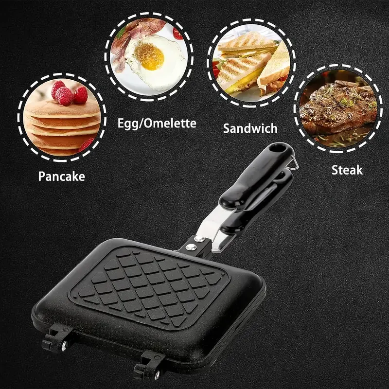 Versatile Double-Sided Sandwich Maker Pan - Perfect For Grilled Cheese, Steak, Pancakes & More - Heat-Resistant Aluminum, Stove Or Bonfire Compatible