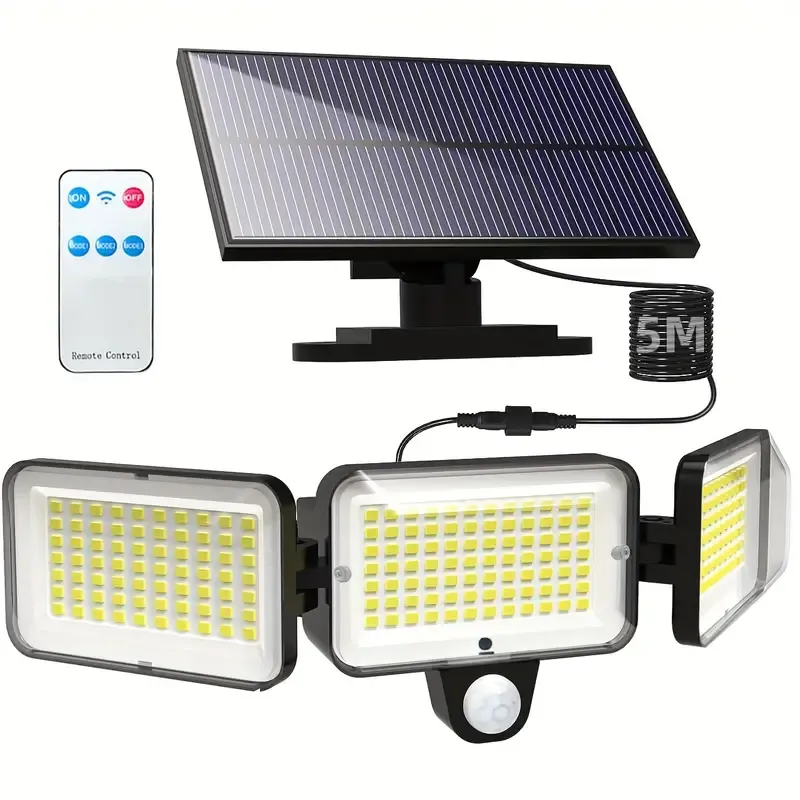 1pc Split Solar Wall Light For Outdoor With Motion Sensor 3 Heads, 224 LEDs Solar Light With Remote Control, Waterproof LED Solar Flood Lights Outdoor Wall Lights 270° Wide Angle Security Lights Solar With 3 Lighting Modes For Garden, Patio, Backyard