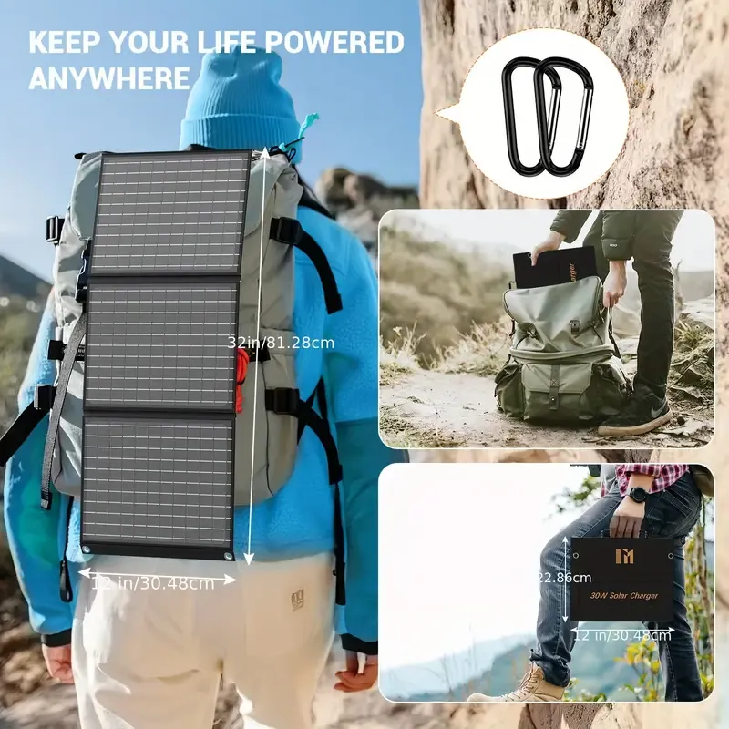 Travel-Ready 30W Solar Charger - Portable Foldable Panel with 18V MC4, Dual USB-A (QC3.0), and USB-C (PD18W) Ports