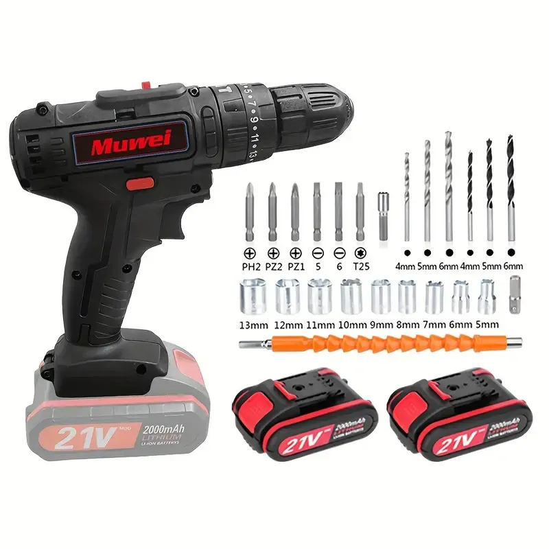 21V Cordless Drill + 2 Battery Heavy Duty Impact Driver Kit Brushless Hammer Set, Cordless Electric Screwdriver Kit, Household Small Electric Drill Driver, Rechargeable Multifunctional Set Black