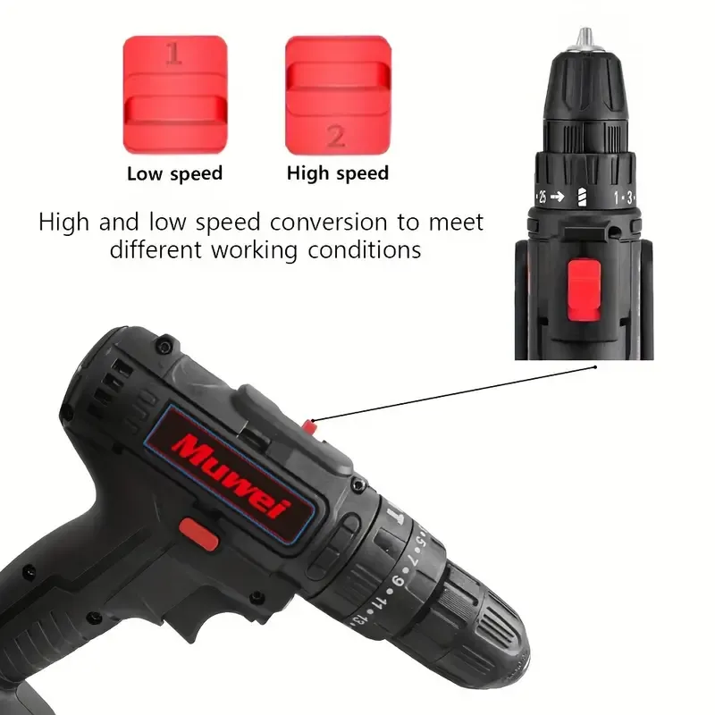 21V Cordless Drill + 2 Battery Heavy Duty Impact Driver Kit Brushless Hammer Set, Cordless Electric Screwdriver Kit, Household Small Electric Drill Driver, Rechargeable Multifunctional Set Black