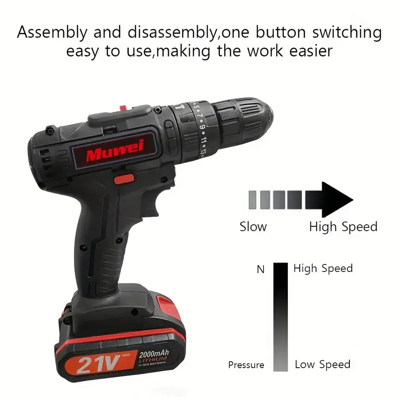 21V Cordless Drill + 2 Battery Heavy Duty Impact Driver Kit Brushless Hammer Set, Cordless Electric Screwdriver Kit, Household Small Electric Drill Driver, Rechargeable Multifunctional Set Black