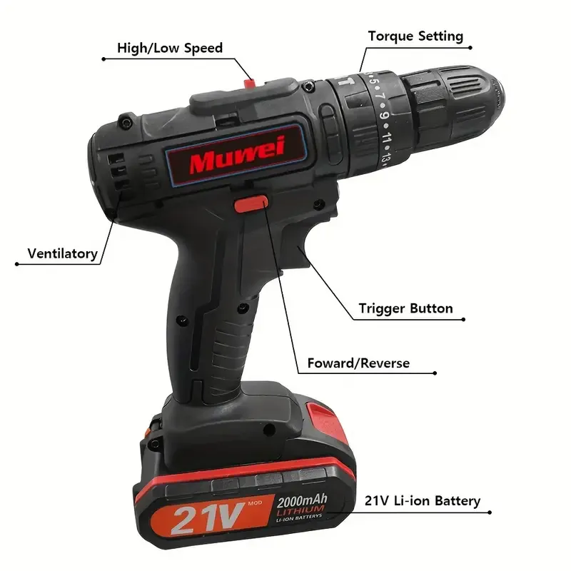 21V Cordless Drill + 2 Battery Heavy Duty Impact Driver Kit Brushless Hammer Set, Cordless Electric Screwdriver Kit, Household Small Electric Drill Driver, Rechargeable Multifunctional Set Black