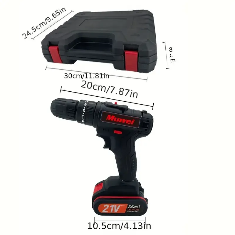 21V Cordless Drill + 2 Battery Heavy Duty Impact Driver Kit Brushless Hammer Set, Cordless Electric Screwdriver Kit, Household Small Electric Drill Driver, Rechargeable Multifunctional Set Black