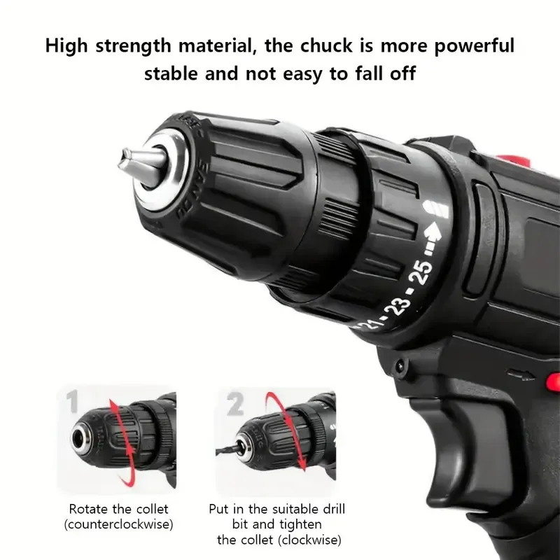 21V Cordless Drill + 2 Battery Heavy Duty Impact Driver Kit Brushless Hammer Set, Cordless Electric Screwdriver Kit, Household Small Electric Drill Driver, Rechargeable Multifunctional Set Black