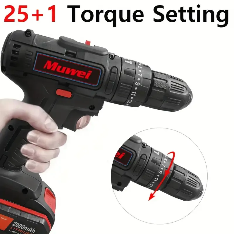 21V Cordless Drill + 2 Battery Heavy Duty Impact Driver Kit Brushless Hammer Set, Cordless Electric Screwdriver Kit, Household Small Electric Drill Driver, Rechargeable Multifunctional Set Black