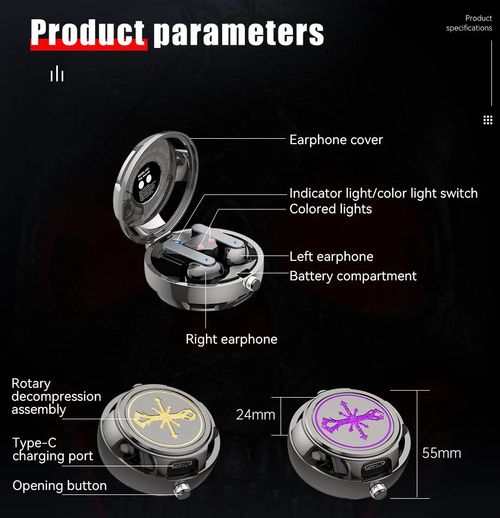 Fashion wireless earbuds with pocket watch design, metal mecha wireless earphones zinc alloy high-end personality ultra-low latency e-sports Bluetooth headset