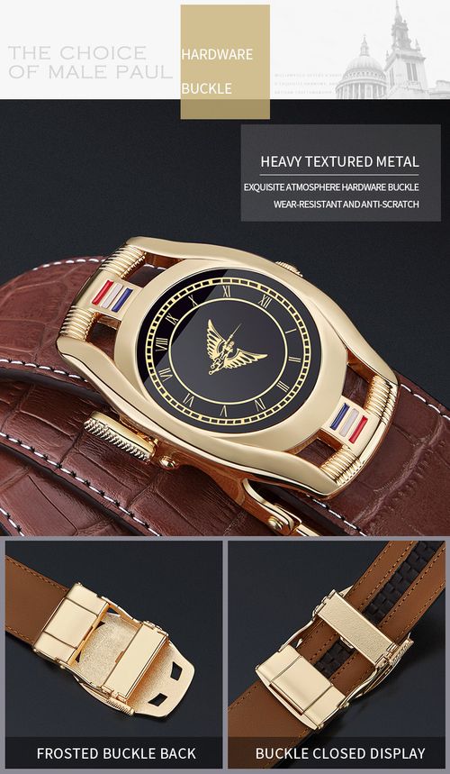 Cinto de couro de vaca auto-fivela masculino premium（Cinto de café com fivela de ouro 125 centímetros）