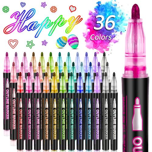 Conjunto de marcadores de contorno de metal glitter de linha dupla de 36 cores