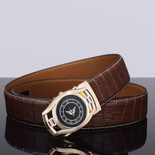 Cinto de couro de vaca auto-fivela masculino premium（Cinto de café com fivela de ouro 125 centímetros）