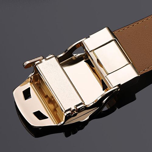 Cinto de couro de vaca auto-fivela masculino premium（Cinto de café com fivela de ouro 125 centímetros）