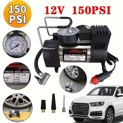 12V 150 Psi Deluxe Portable Metal Car Tire Inflator - Heavy-Duty, Fast Inflation, Compact Design, Easy to Use, Ideal for Cars, Trucks, SUVs, and Bicycles