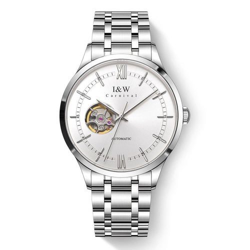 （S）570I&W Men's Custom Logo 40mm Elegant Skeleton Automatic Mechanical Watch - Stainless Steel