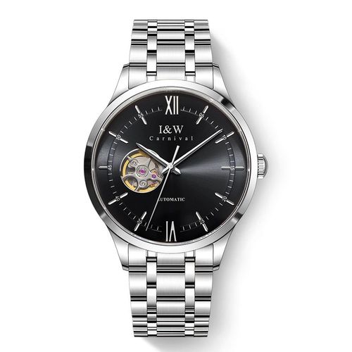 （S）570I&W Men's Custom Logo 40mm Elegant Skeleton Automatic Mechanical Watch - Stainless Steel