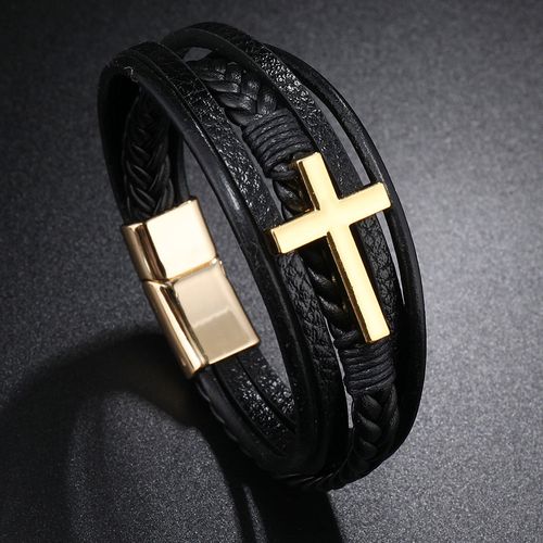 Men's Multi-Layer Genuine Leather Wristband Bracelet Alloy Cross Magnetic Clasp