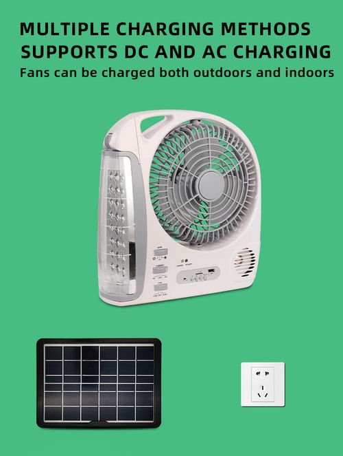 High-quality, energy-efficient LED light, rechargeable, portable solar-powered 8-inch desk fan.