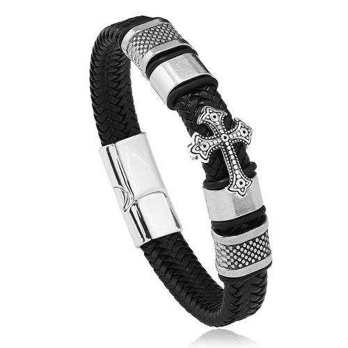 Men's Cross Multi-Layer Genuine Leather Alloy Magnetic Clasp Bracelet
