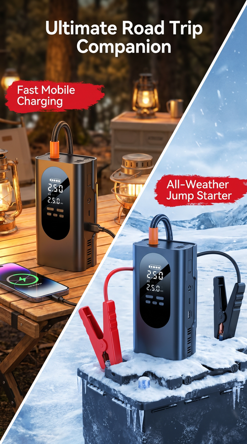 Multifunctional portable car tire inflator with emergency light emergency start all-in-one machine