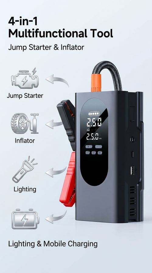 Multifunctional portable car tire inflator with emergency light emergency start all-in-one machine