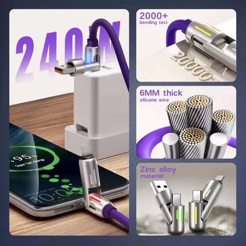 4 in 1 Multi Connectors Charger Rotating Elbow USB to Type-C 1.5m Mobile Phone 240W Fast Charging Silicone Cable Data
