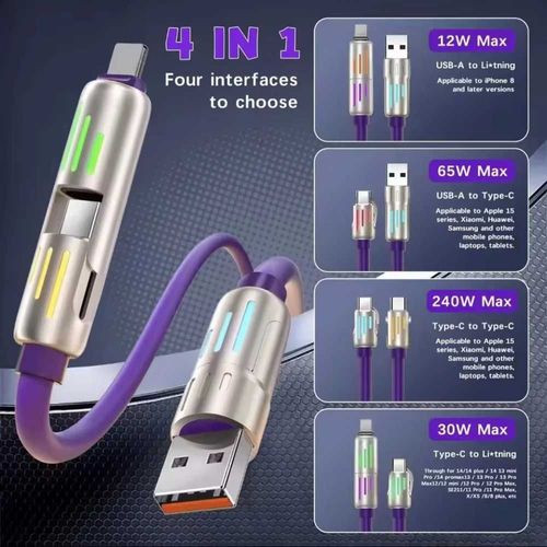 4 in 1 Multi Connectors Charger Rotating Elbow USB to Type-C 1.5m Mobile Phone 240W Fast Charging Silicone Cable Data