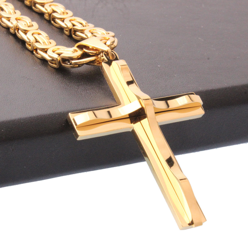 Double-Layer Gold Cross Titanium Steel Pendant Necklace Classic for Men and Women
