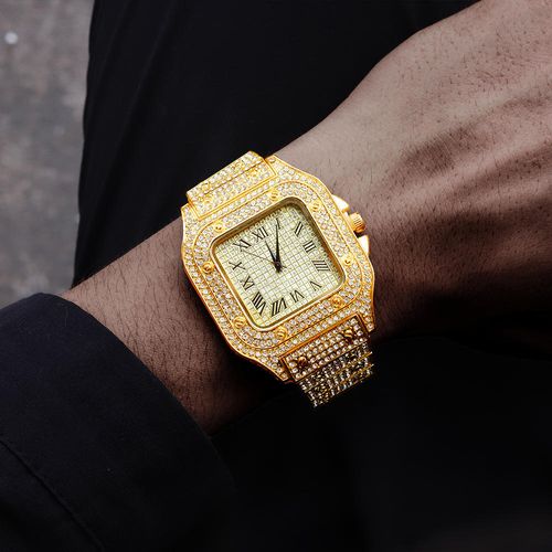 Full Diamond Men's 18K Gold Plated Quartz Watch Rhinestone Iced Out Wrist Quartz Watch