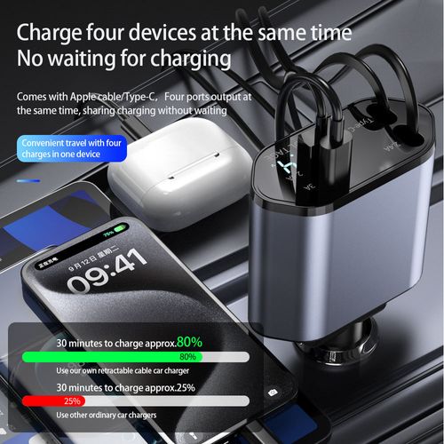 Ghana's Ultimate 120W Car Charger - 4-in-1 Fast Charging with Retractable Cables for iPhone & Android
