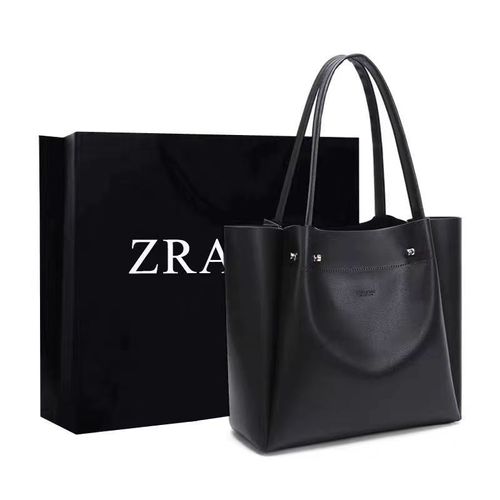 Classic Black Leather Tote: Roomy Interior, Dual Handles, Bonus Inner Bag for Organized Storage