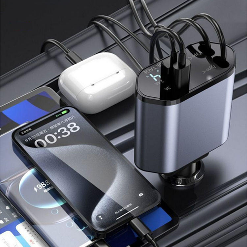 Ghana's Ultimate 240W Car Charger - 4-in-1 Retractable Cable with PD Fast Charge for All Phones